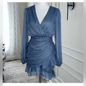 Blue Blush Shimmery Slate Blue Long Sleeve Wrap Ruffle Dress